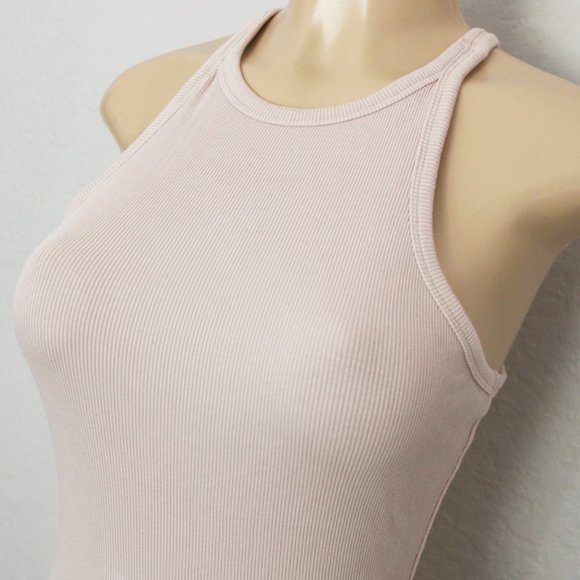 Zara High Neck Sleeveless Midi Dress Stretch Ribbed Knit Bodycon Blush Nude M - Picture 4 of 10